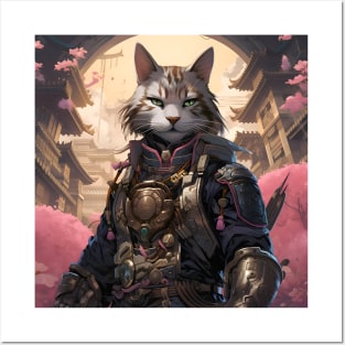 Cherry Blossom Samurai Cat Posters and Art